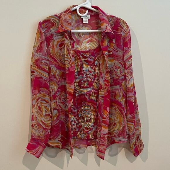 Nicola Top Women M Blouse Pink Orange Floral Pop Over and Tank Floral Spring - Picture 3 of 7